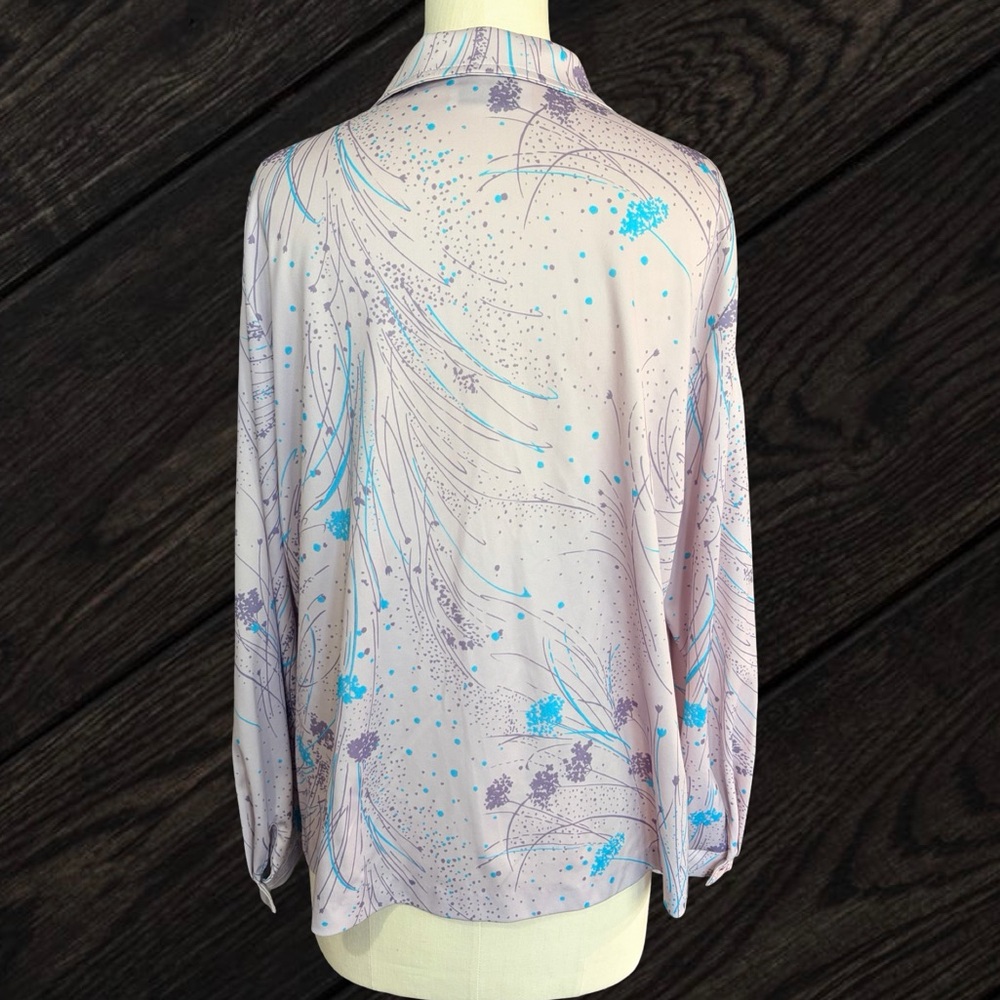 Vintage Lady Koko Purple Blue Floral Satin Blouse Women's Large 70s Grannycore - Picture 2 of 8